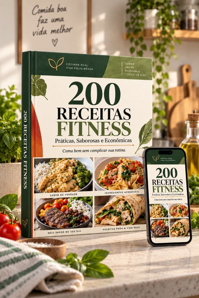 Livro 200 Receitas Fitness e versão digital no celular, em ambiente de cozinha acolhedora